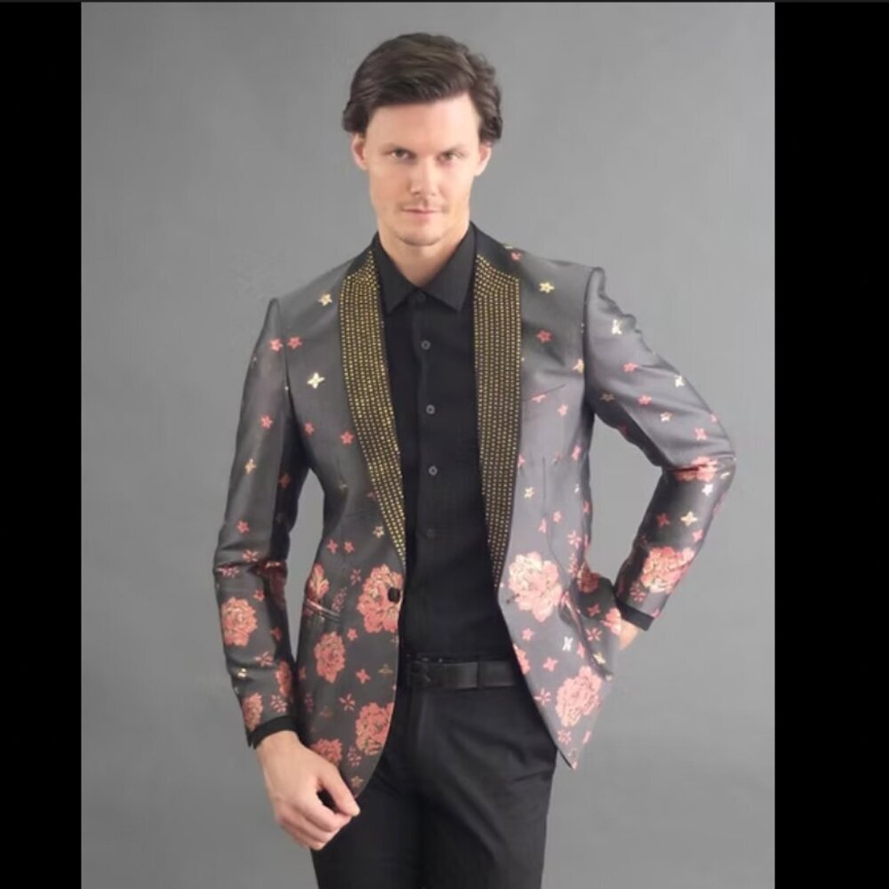 Barabas Floral Patterned Temptation Blazer Bedazzled Collar Size 40R Slim Fit